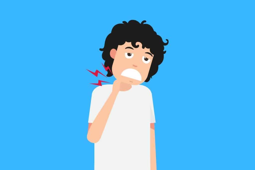 Cartoon graphic of a boy holding his sore neck on a blue background.