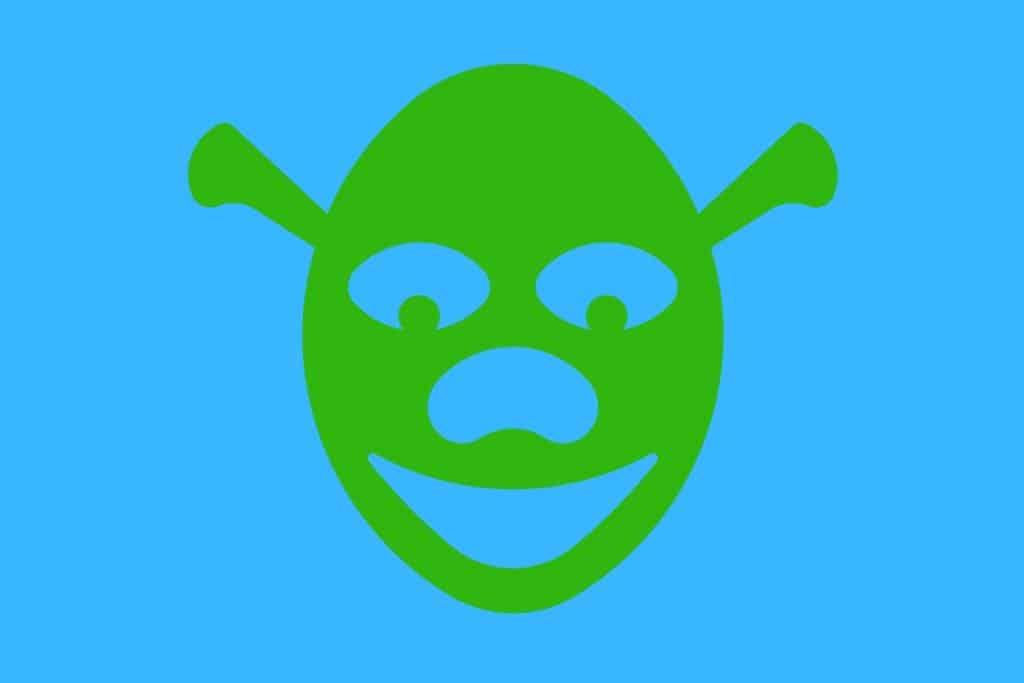 Cartoon graphic of a Shrek-shaped green head on a blue background.
