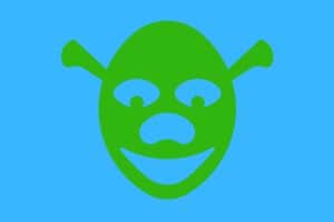 Cartoon graphic of a Shrek-shaped green head on a blue background.