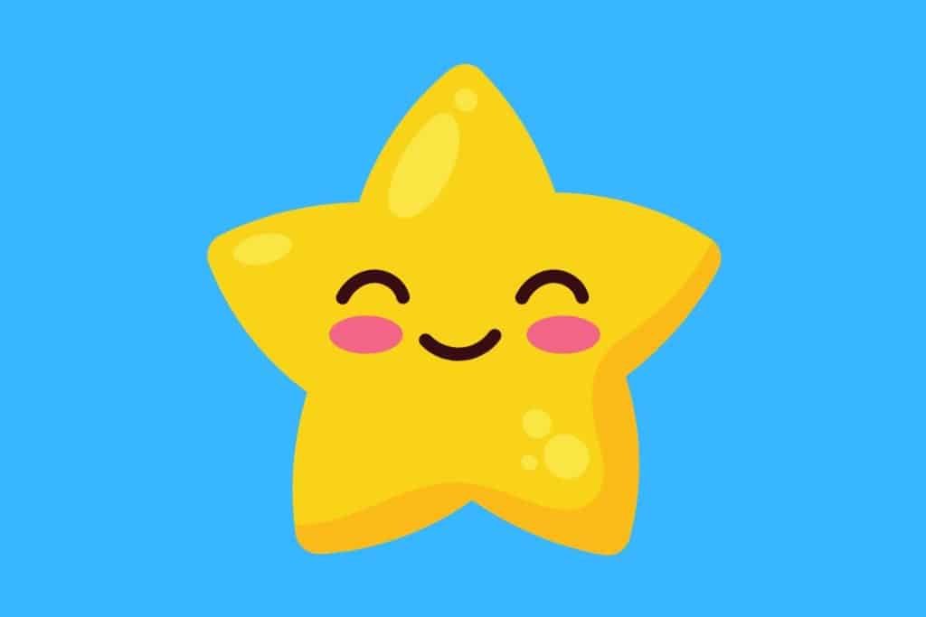 Cartoon graphic of a smiling star wit its eyes closed on a blue background.