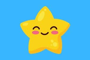 Cartoon graphic of a smiling star wit its eyes closed on a blue background.