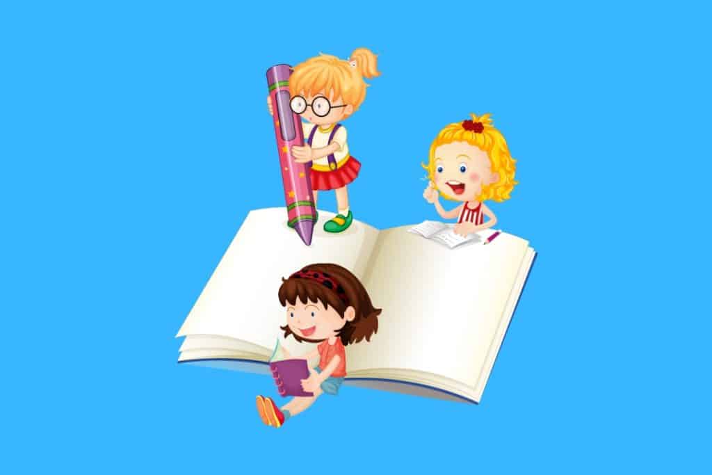 Cartoon graphic of three kids playing on a big book and one writing wit a giant pen on a blue background.