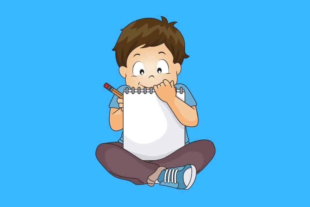 Cartoon graphic of a boy sitting cross-legged and writing on a piece of paper on a blue background.