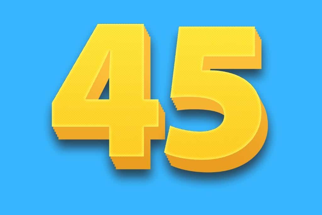 Cartoon graphic of the number 45 in yellow on a blue background.