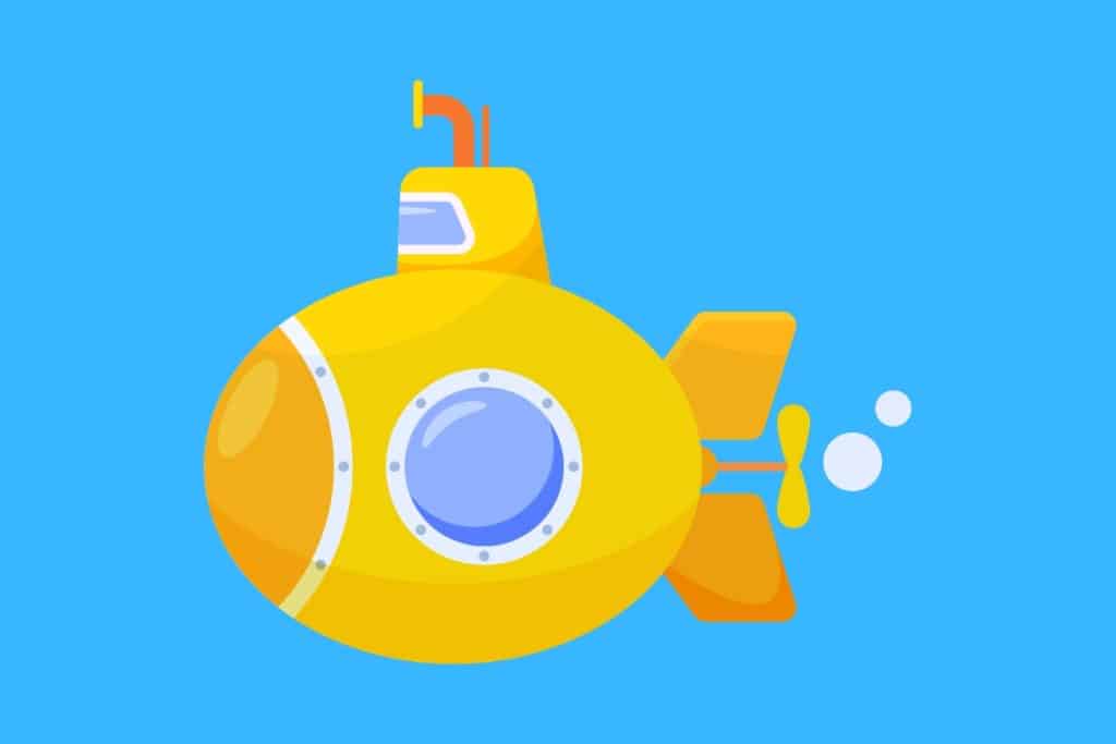 Cartoon graphic of a yellow submarine on a blue background.