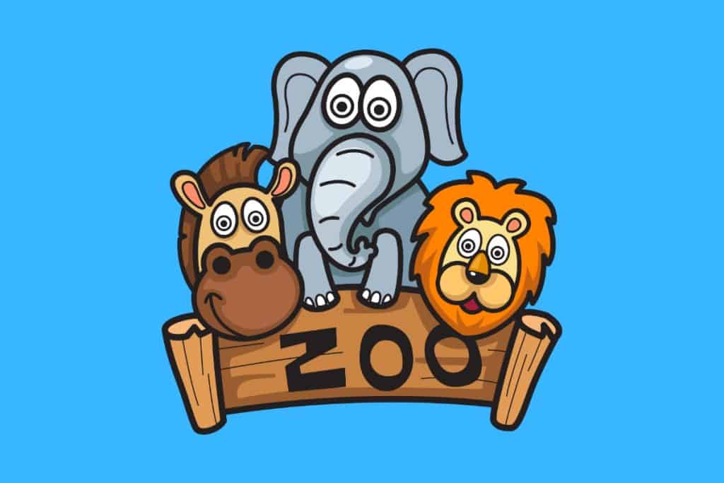 Cartoon graphic of a zoo sign with a giraffe, elephant and lion on a blue background.