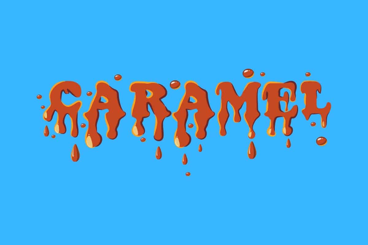 Cartoon graphic of the word caramel written in caramel that is dripping on a blue background.