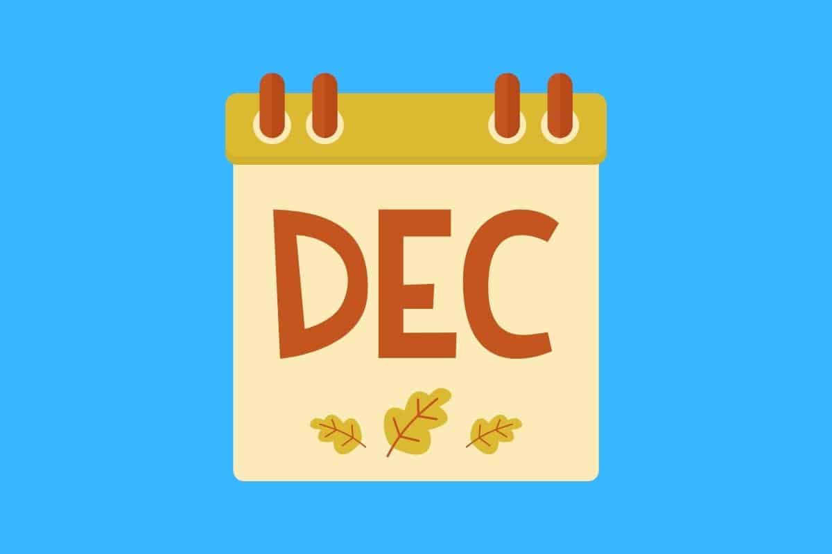 Cartoon graphic of a light brown calendar with the month of December shortened to 3 letters on a blue background.