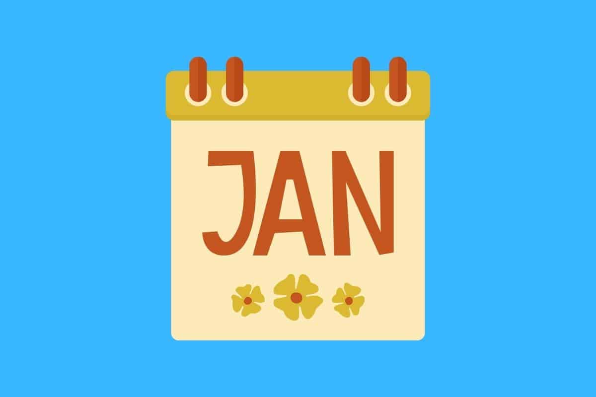 Cartoon graphic of a light brown calendar with the month of January shortened to 3 letters on a blue background.