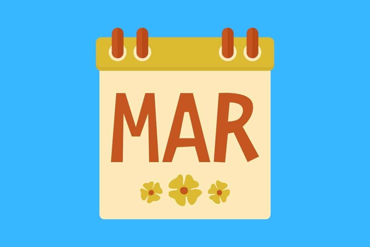 Cartoon graphic of a light brown calendar with the month of March shortened to 3 letters on a blue background.