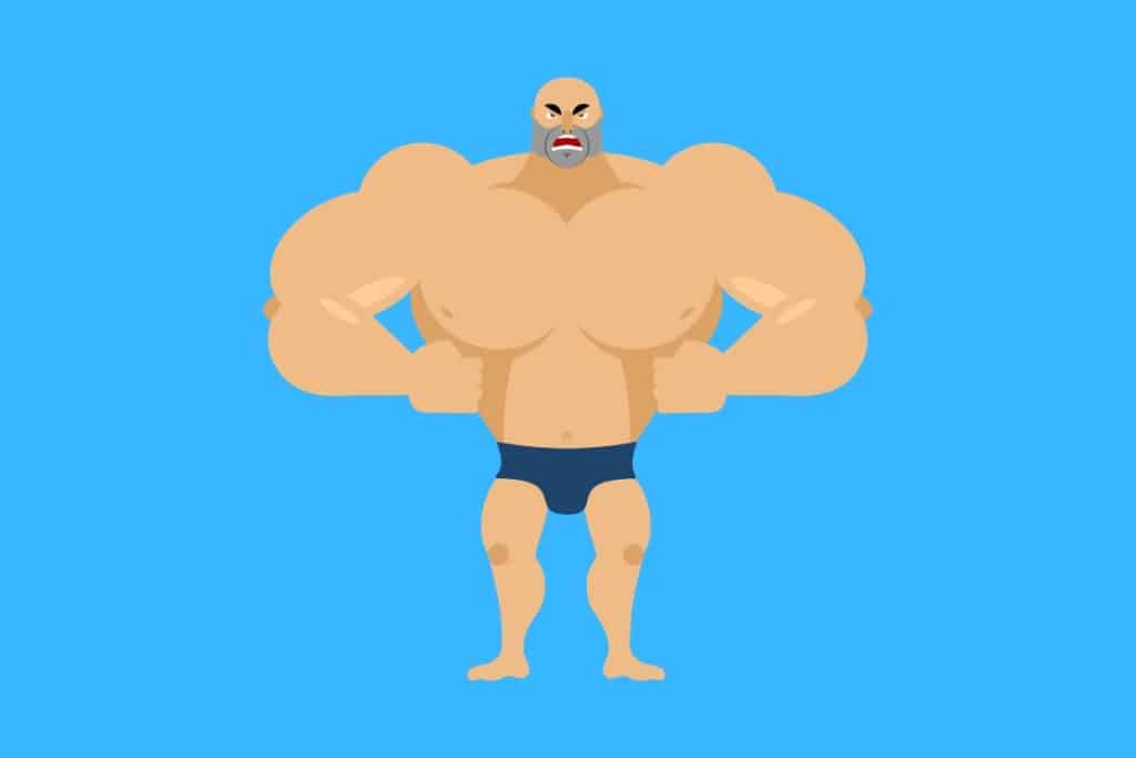 Cartoon graphic of a man in undies with very big upper body muscles and a grey stubble beard on a blue background.