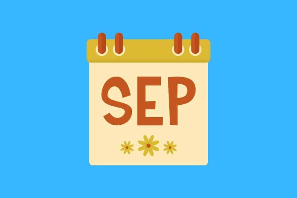 Cartoon graphic of a light brown calendar with the month of September shortened to 3 letters on a blue background.