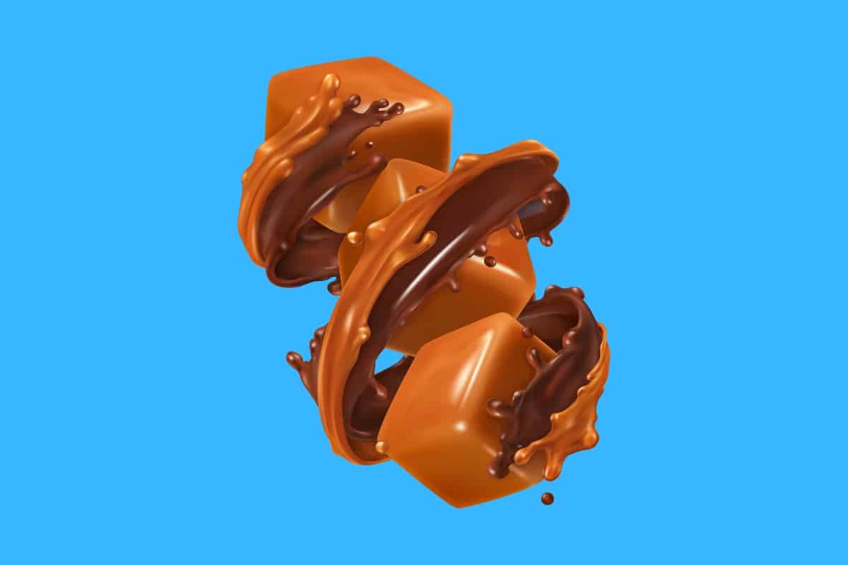 Cartoon graphic of 3 squares of caramel with swirling chocolate and caramel around it on a blue background.