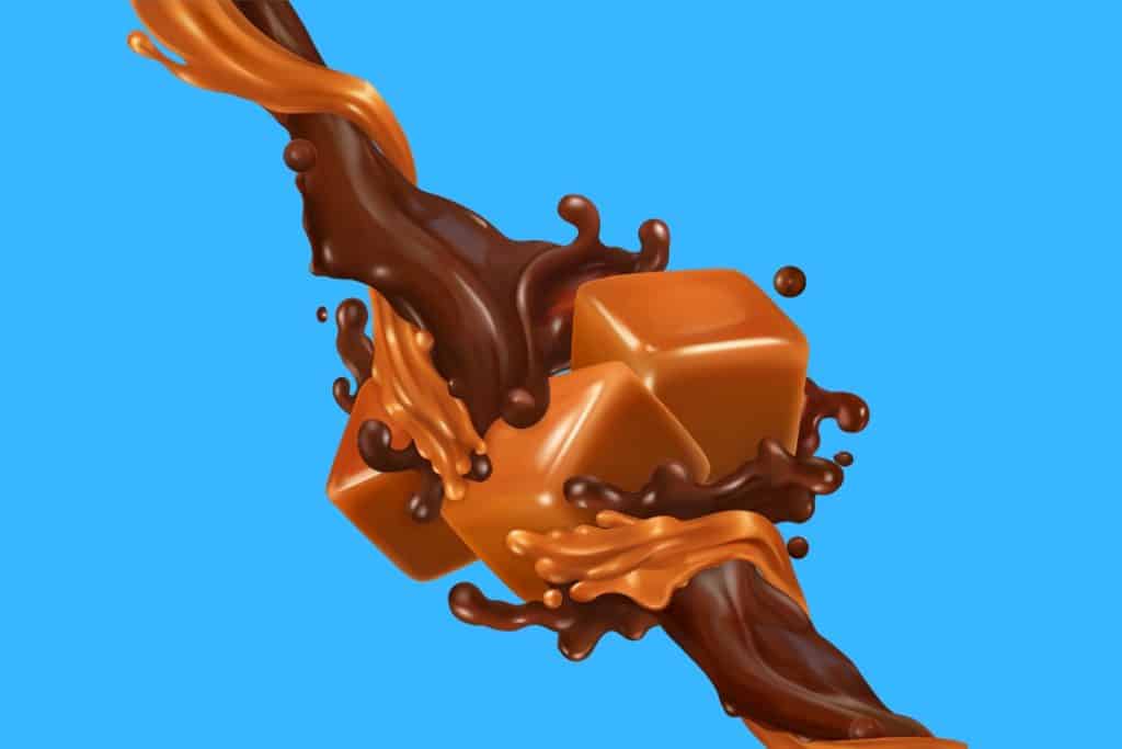 Cartoon graphic of chocolate and caramel liquid splashing into 3 pieces of caramel on a blue background.