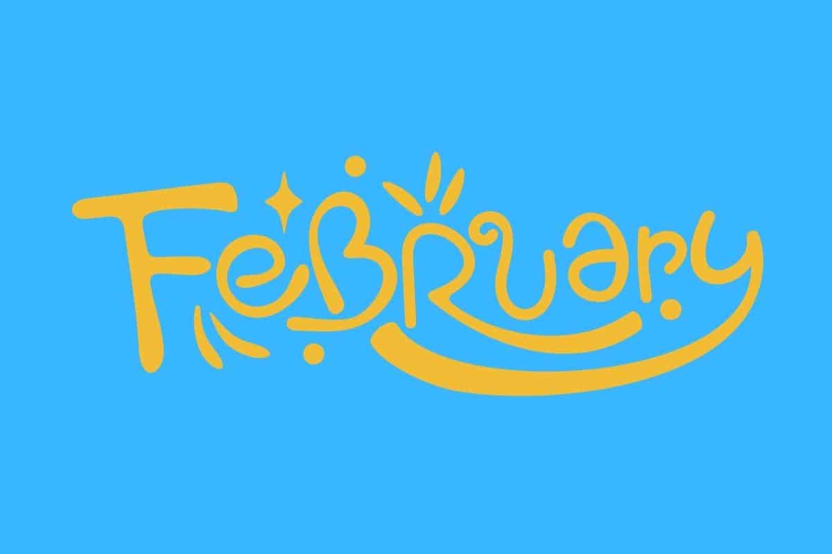 Cartoon graphic of gold-colored word of February on a blue background.