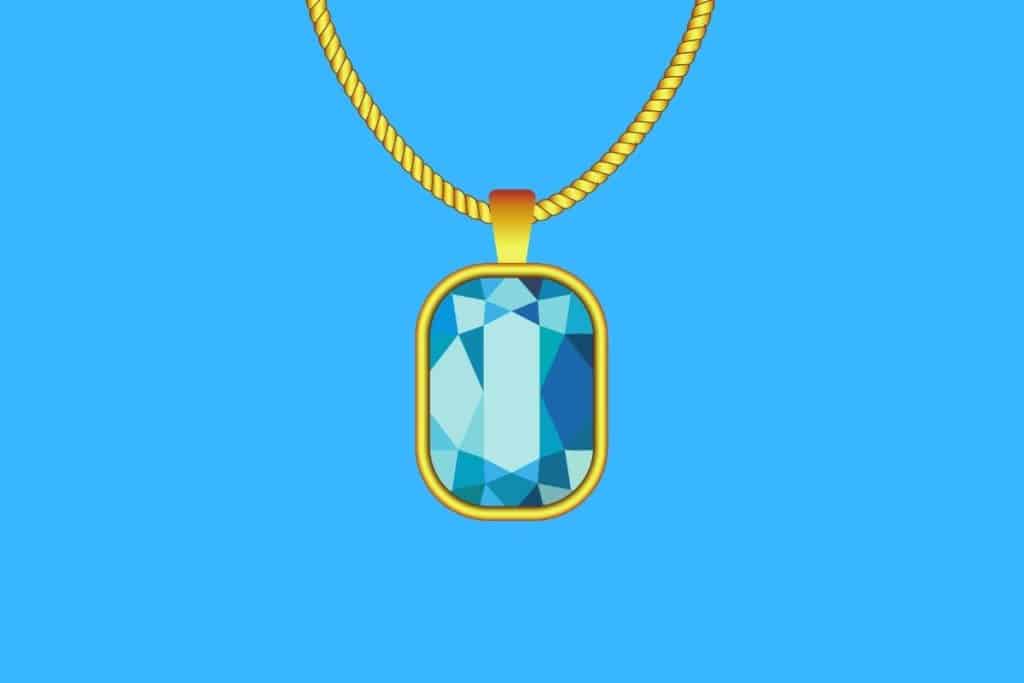 Cartoon graphic of a large jewel necklace on a blue background.