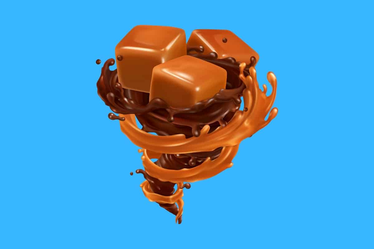 Cartoon graphic of a tornado of liquid caramel and chocolate with 3 pieces of caramel at the top on a blue background.