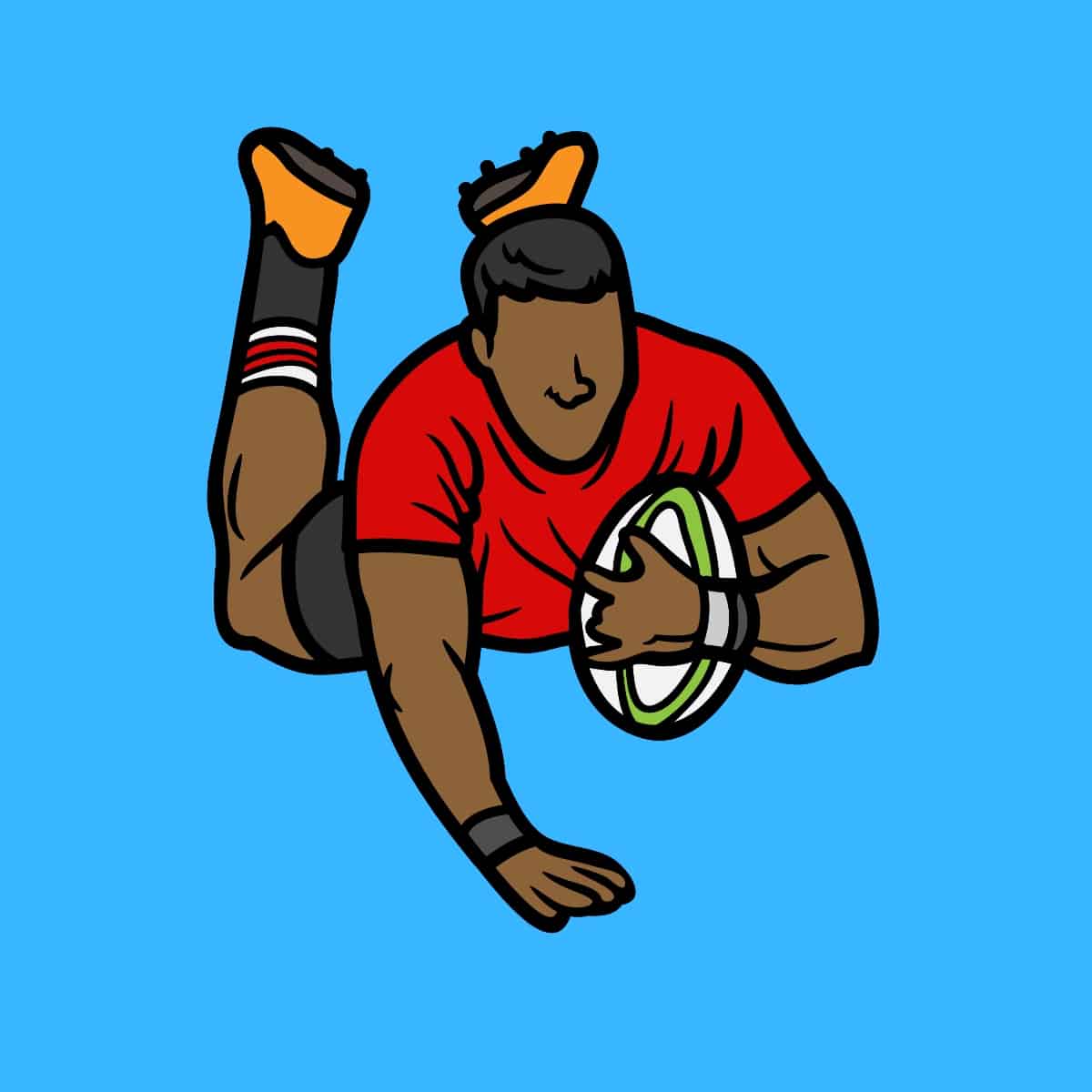Cartoon graphic of a rugby playing diving and about to score a try on blue background.