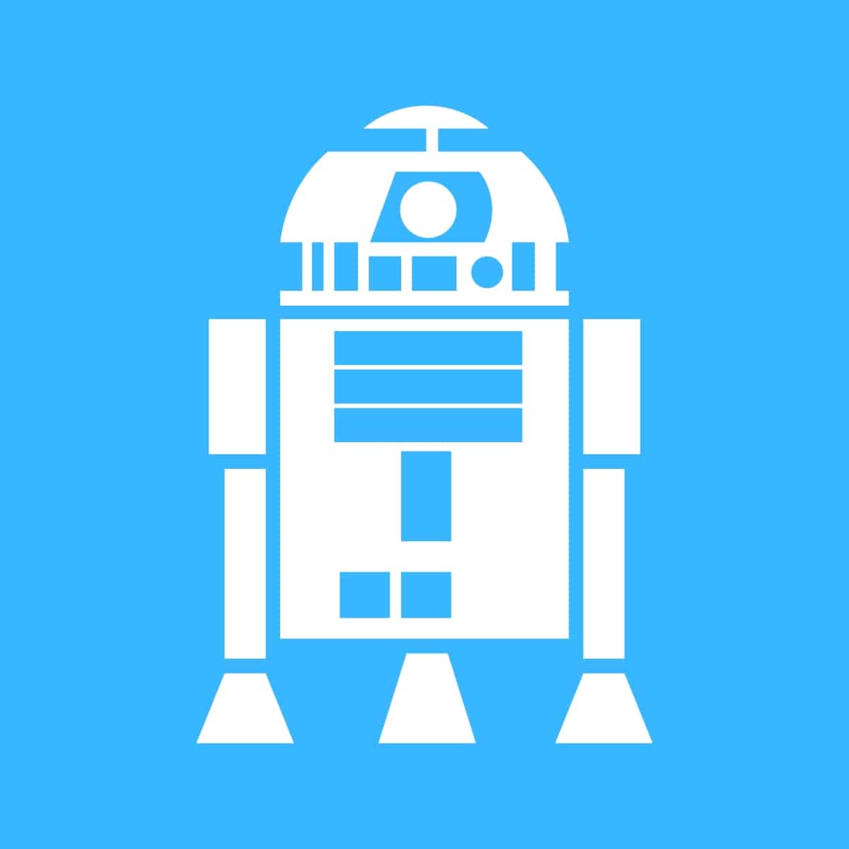 Cartoon graphic of white R2-D2 from star wars on a blue background.