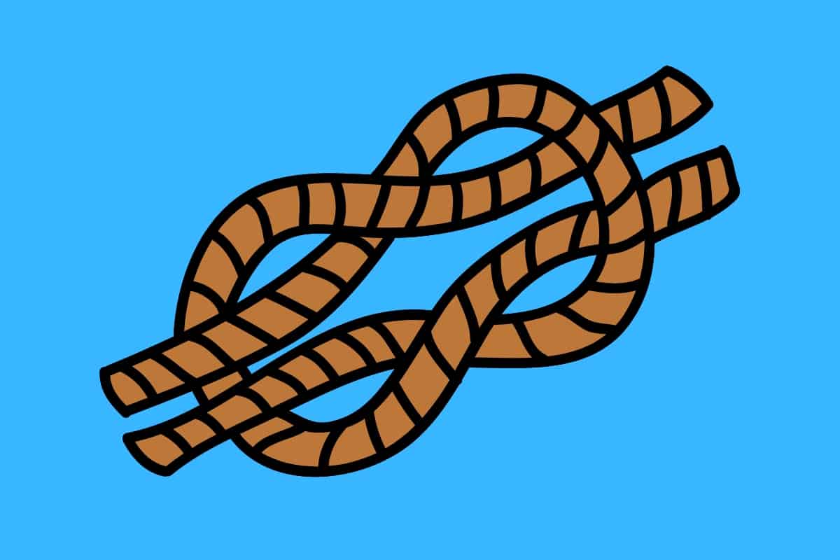 Cartoon graphic of a reef knot being made with brown rope on a blue background.