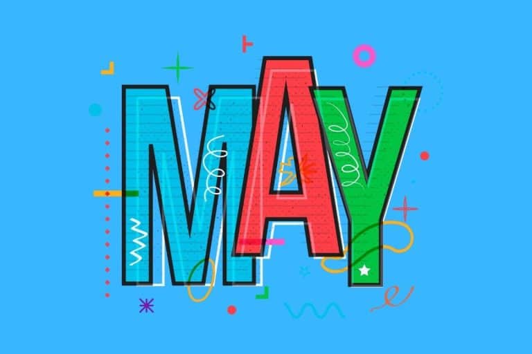 Cartoon graphic of multicolored word of May in block letters on a blue background.