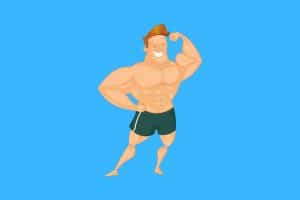 Cartoon graphic of a man smiling while showing off his muscles with his shirt off smiling on a blue background.