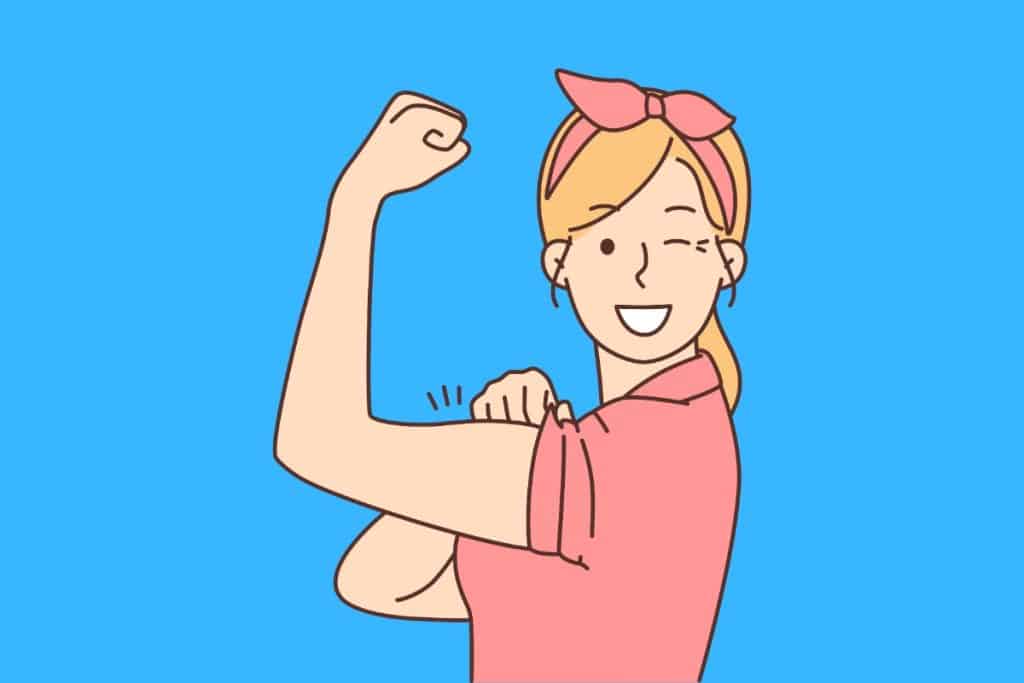 Cartoon graphic of a woman showing off her muscles by rolling up her sleeve on a blue background.