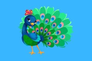 Cartoon graphic of a cute little peacock on a blue background.