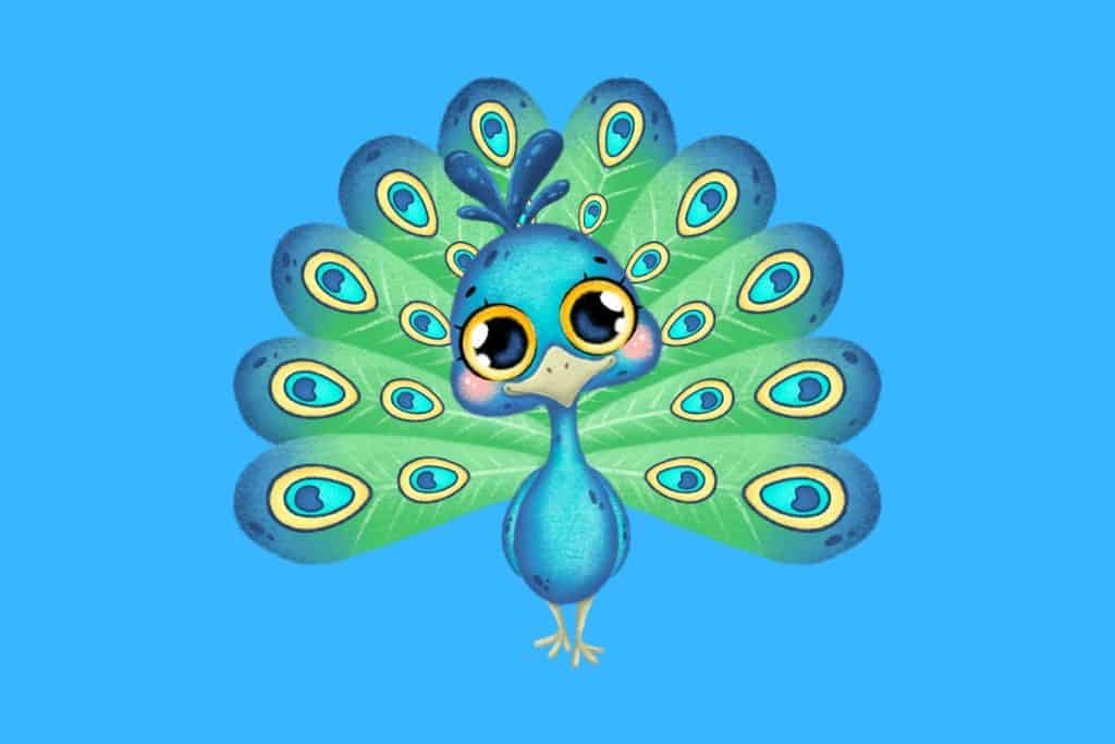 Cartoon graphic of a small peacock with big eyes on a blue background.