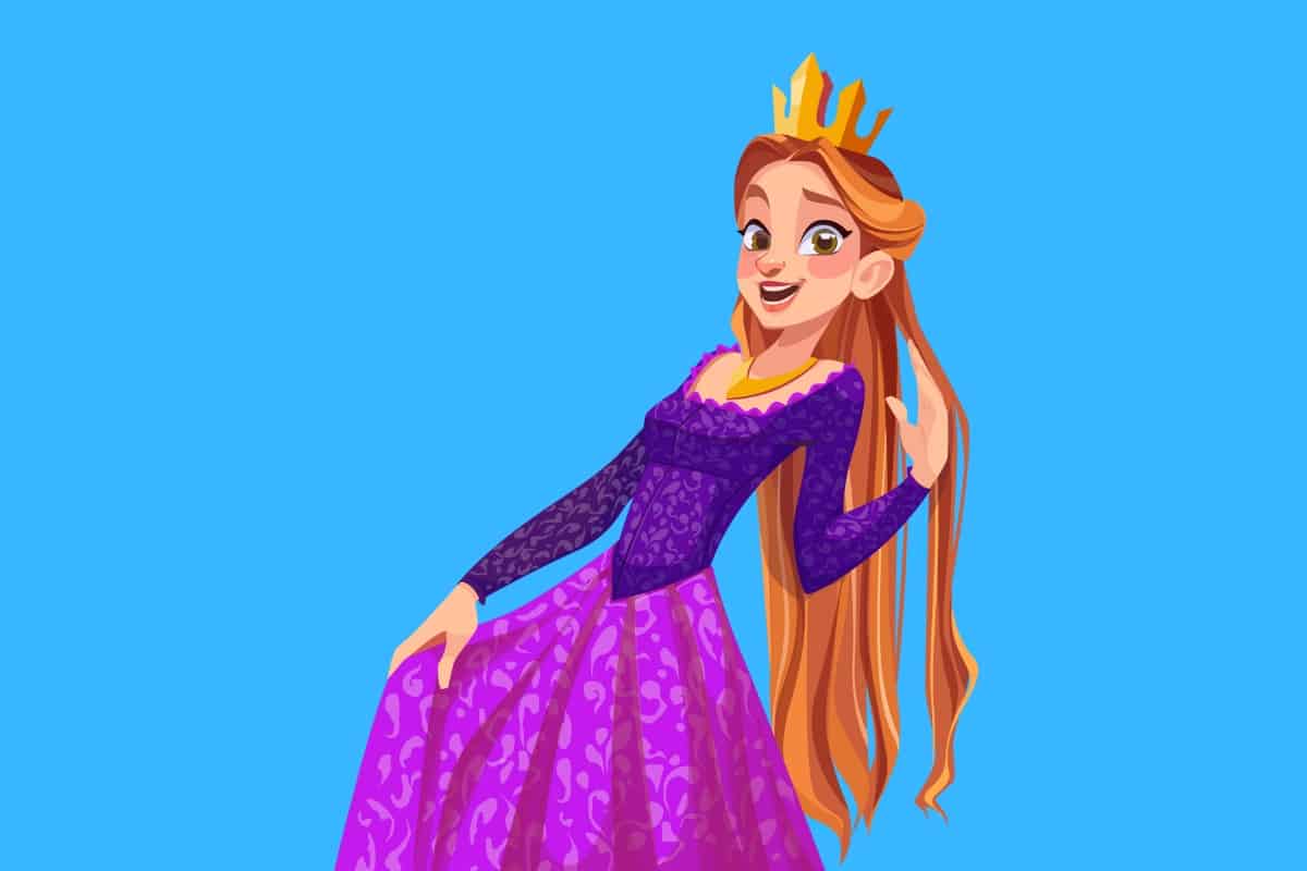 Cartoon graphic of a princess holding her dress and leaning back on a blue background.