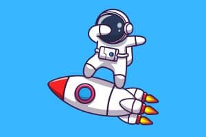 Cartoon graphic of an astronaut on a rocket doing a dab on a blue background.