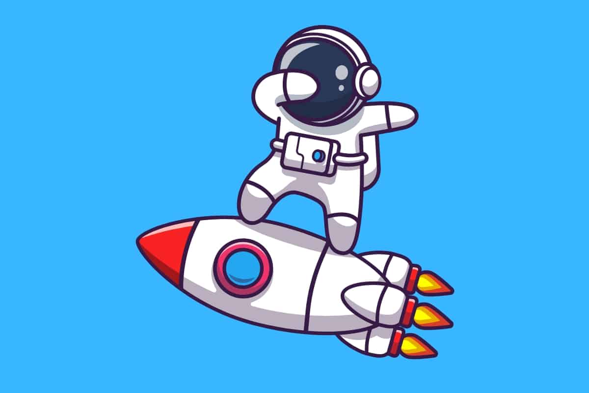 Cartoon graphic of an astronaut on a rocket doing a dab on a blue background.