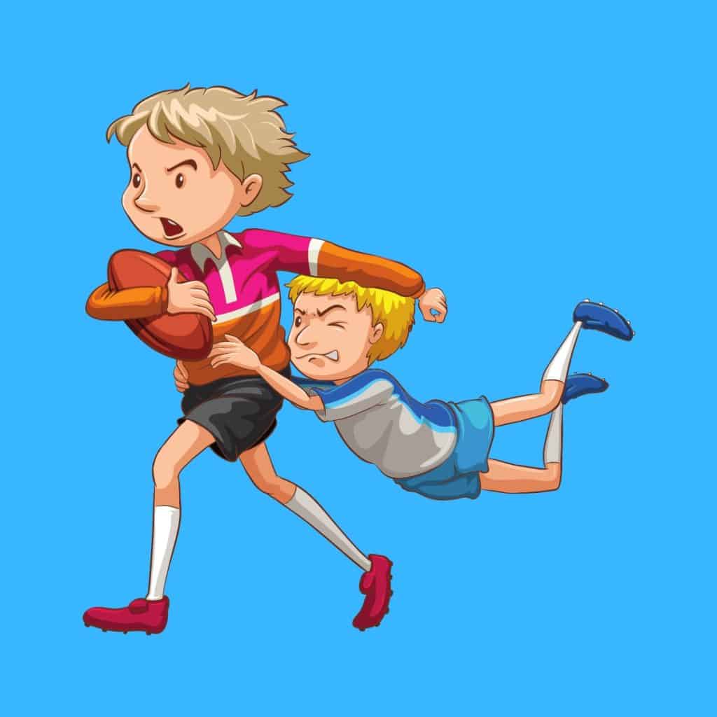 Cartoon graphic of a boy trying to tackle another boy with a rugby ball on blue background.
