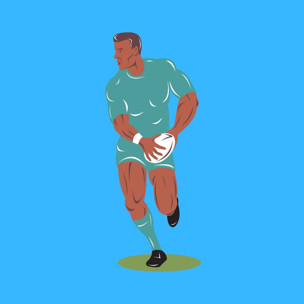 Cartoon graphic of a rugby player about pass on blue background.