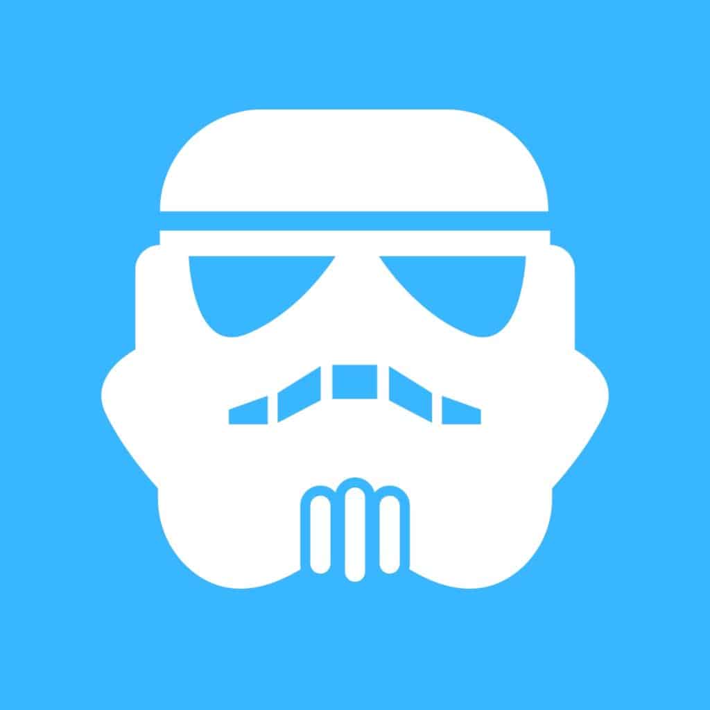 Cartoon graphic of a white stormtrooper face from star wars on a blue background.