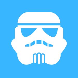 Cartoon graphic of a white stormtrooper face from star wars on a blue background.