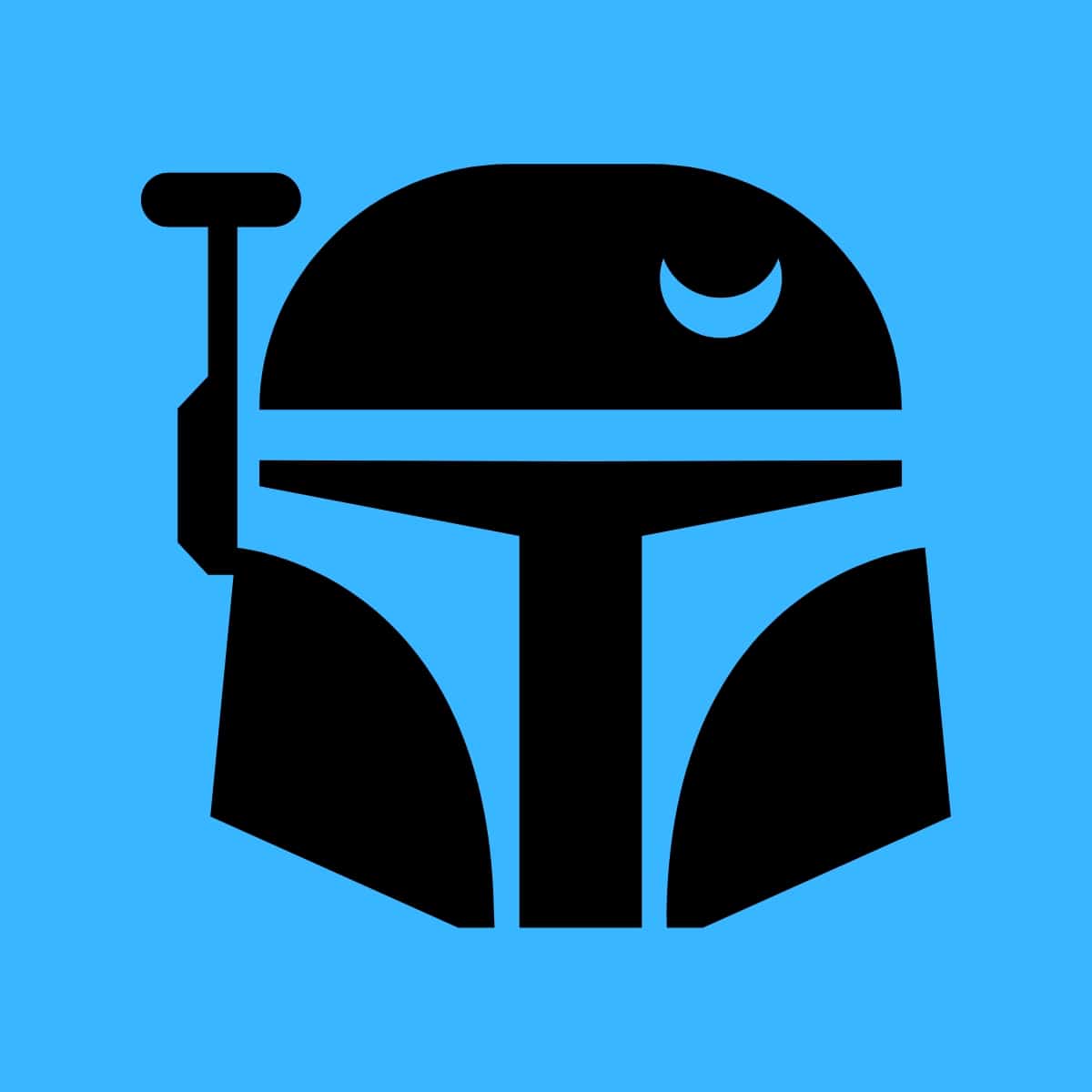 Cartoon graphic of a black bounty hunter helmet from star wars on a blue background.