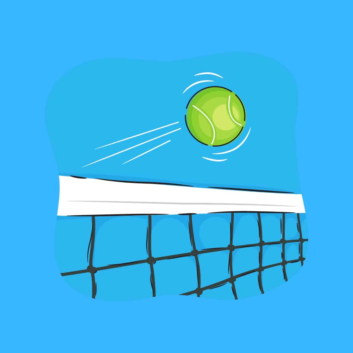 Cartoon graphic of a tennis ball flying over a tennis net on blue background.