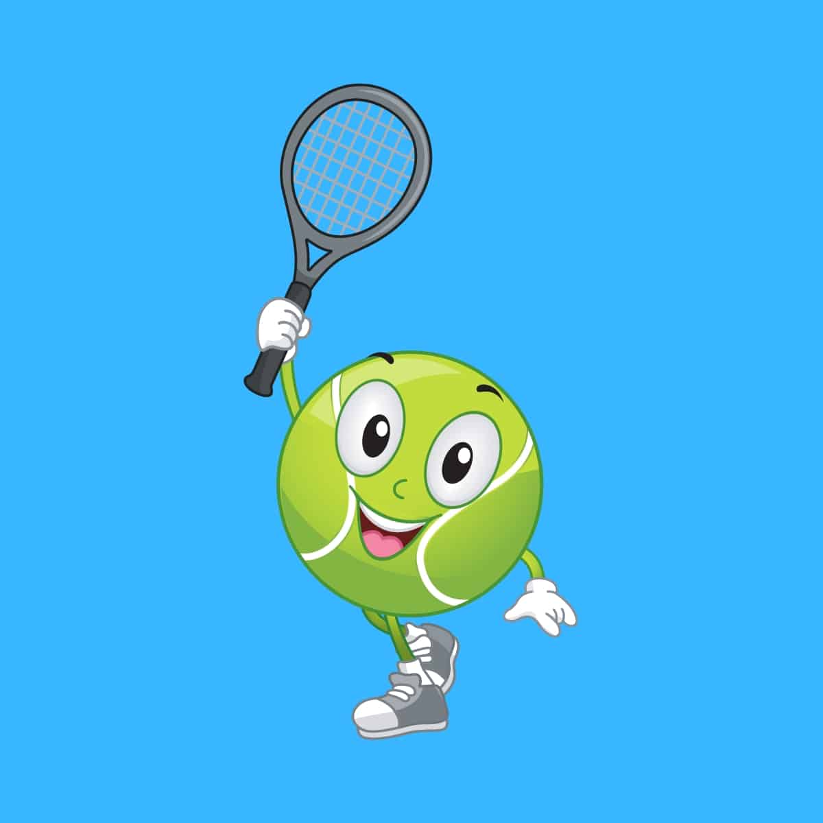 Cartoon graphic of a tennis ball smiling and holding a racquet above its head on blue background.