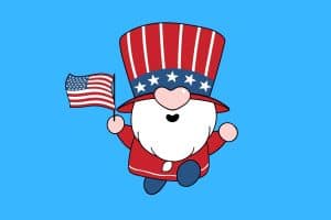 Cartoon graphic of a short man with an American flag top hat covering his eyes and holding a flag on a blue background.