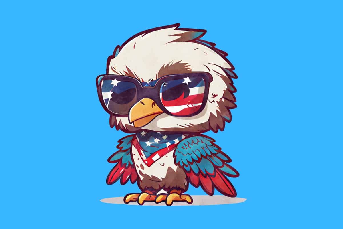 Cartoon graphic of an eagle wearing an American flag scarf and has blue and red wings on a blue background.