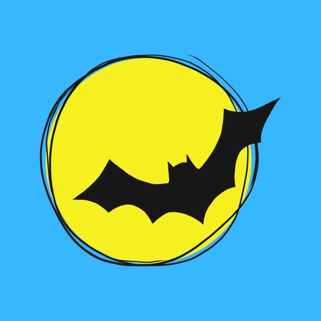 Cartoon graphic of a batman symbol over a yellow moon on a blue background.