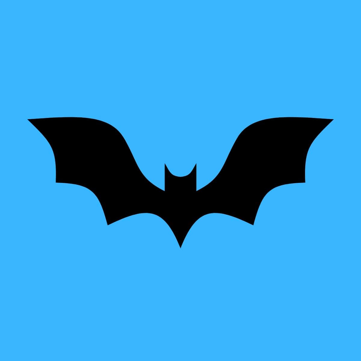 Cartoon graphic of a black batman symbol on a blue background.