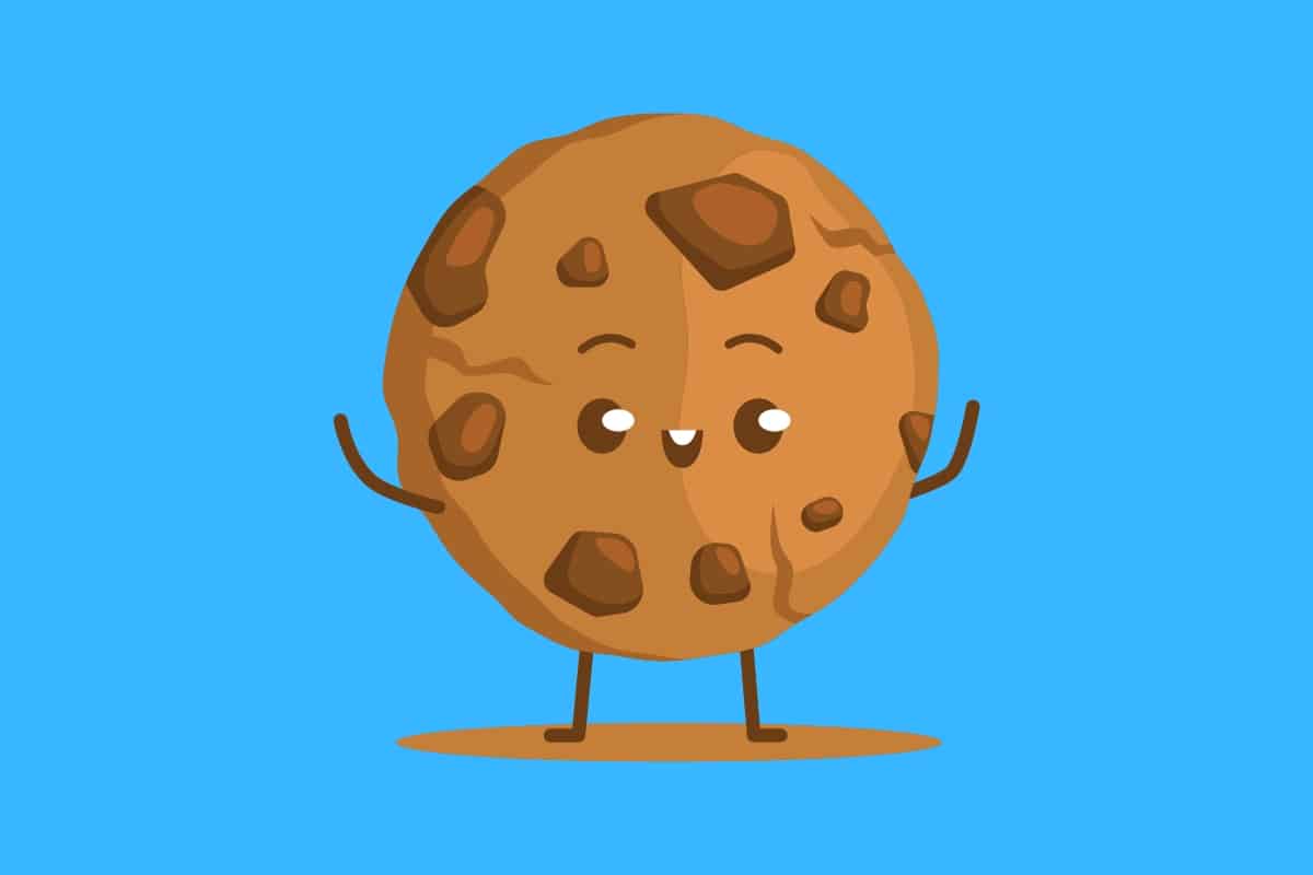 Cartoon graphic of a biscuit standing and with arms smiling on a blue background.