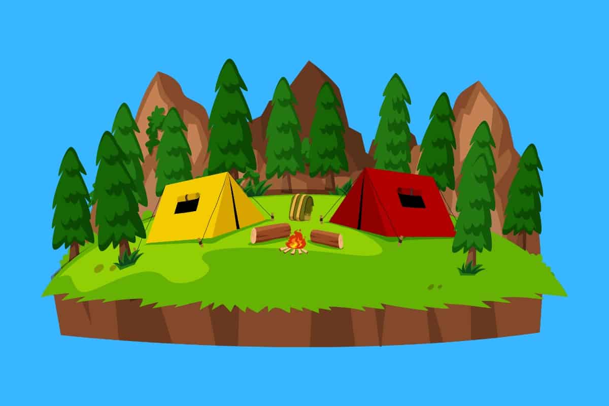 Cartoon graphic of a pair of tents in the forest nest to a campfire on a blue background.