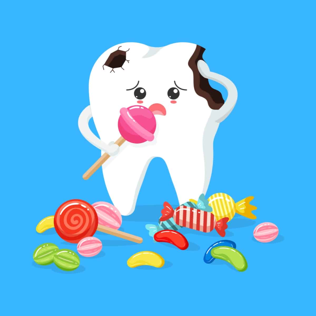 Cartoon graphic of a sore tooth holding candy on blue background.