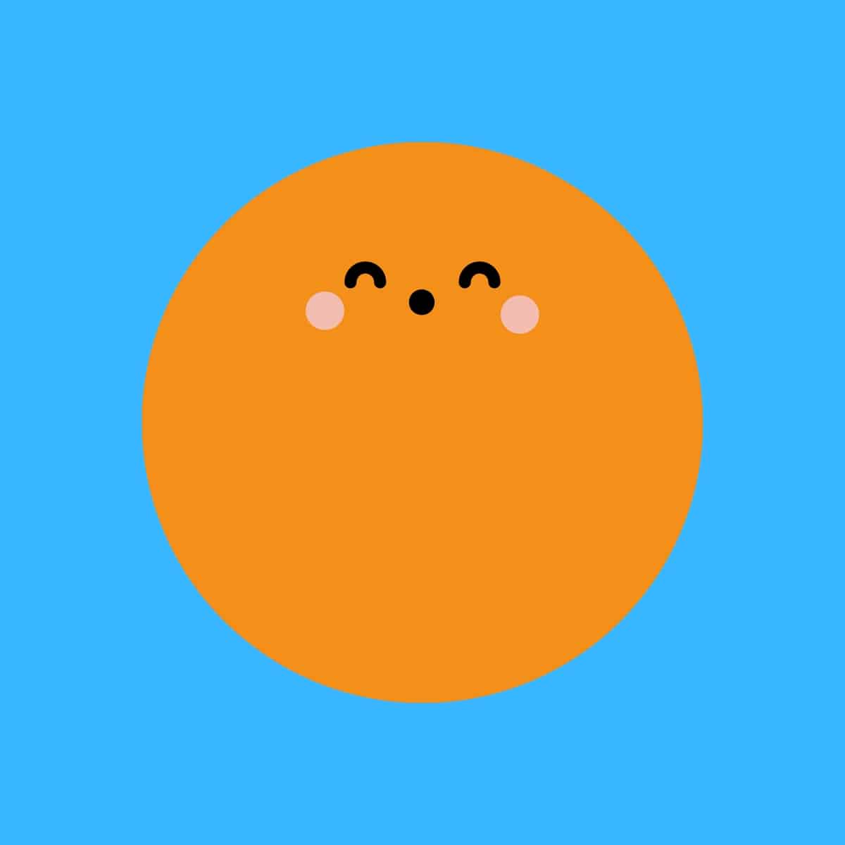 Cartoon graphic of an orange circle with a face on blue background.