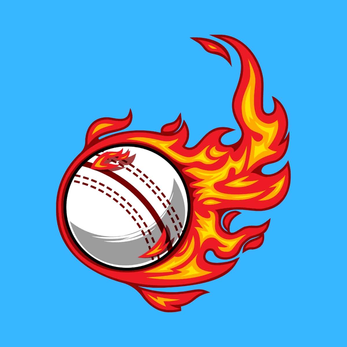 Cartoon graphic of a cricket ball on fire on blue background.