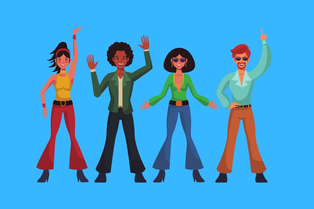 Cartoon graphic of four people doing disco dancing and wearing 70s clothes on a blue background.