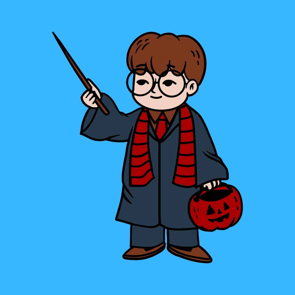 Cartoon graphic of Harry Potter waving his wand in uniform on a blue background.